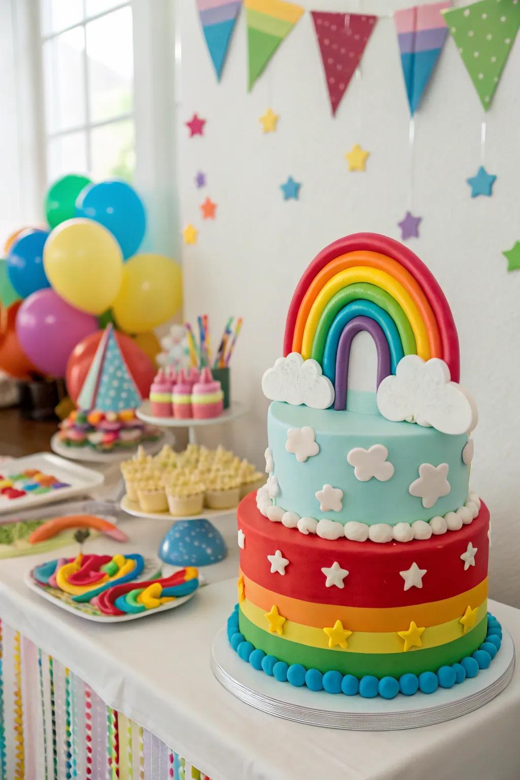 Clouds and stars add a dreamy feel to this rainbow cake.