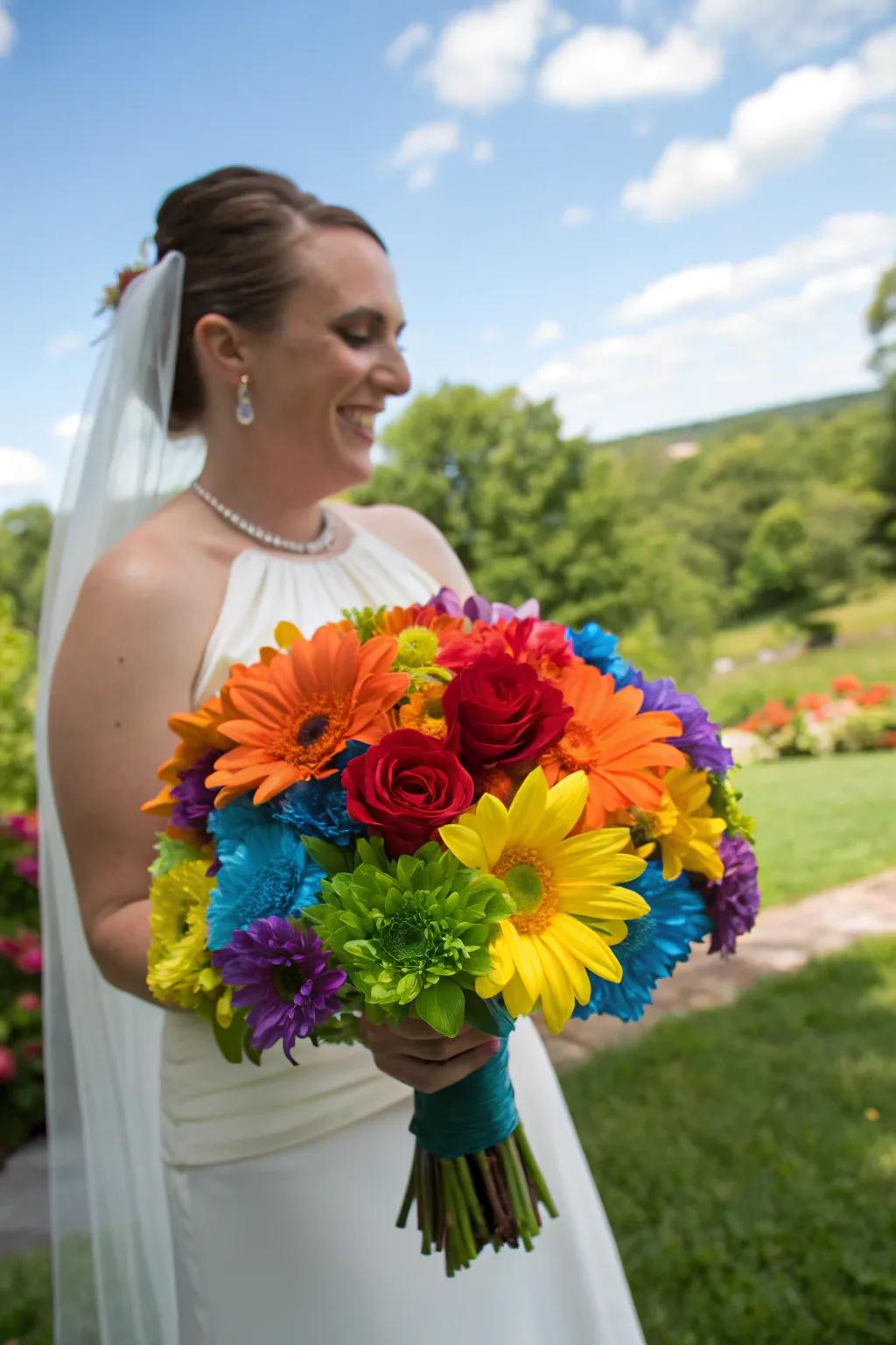 A bride with a stunning rainbow-colored bouquet.