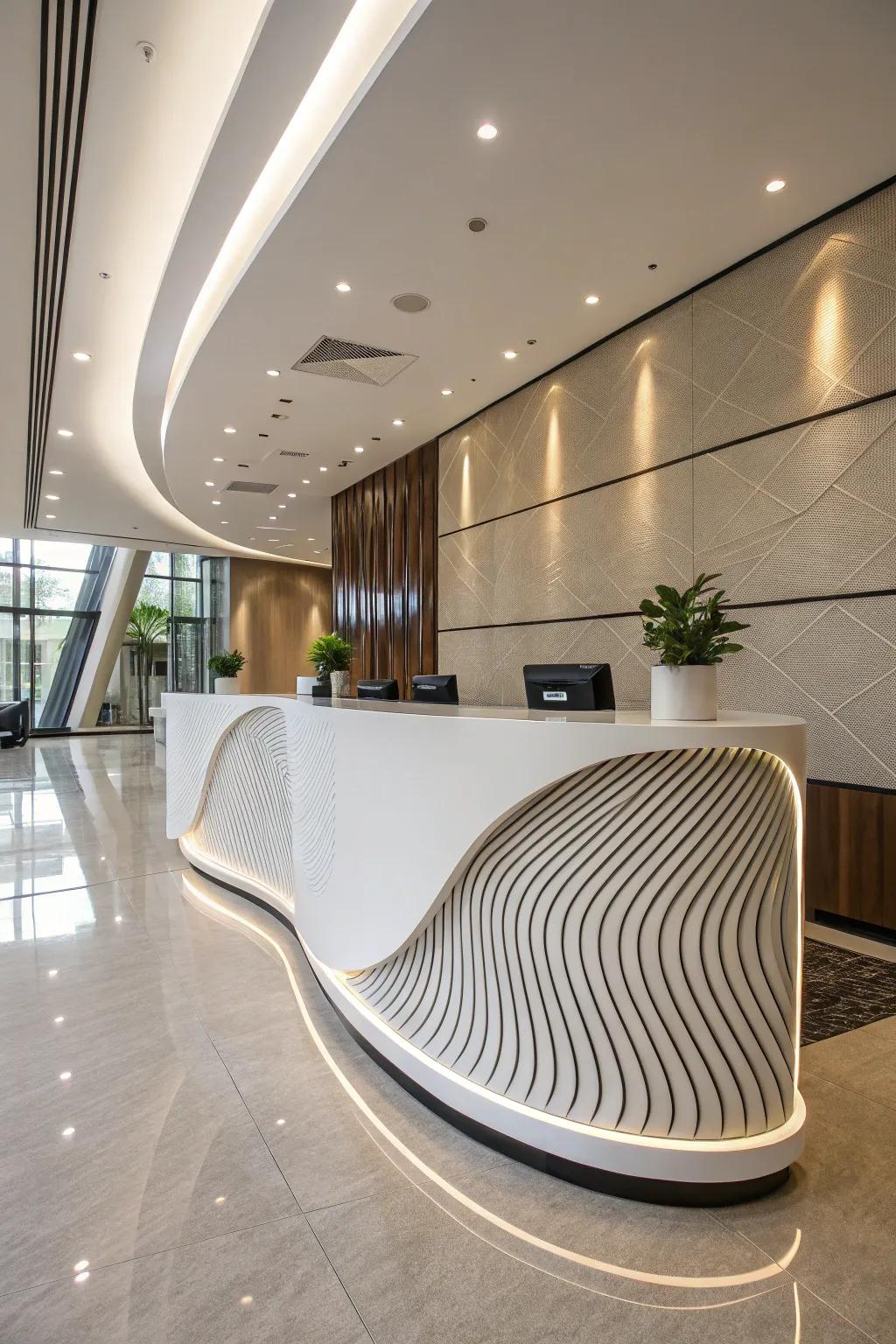 An eye-catching reception desk with elegant curves.