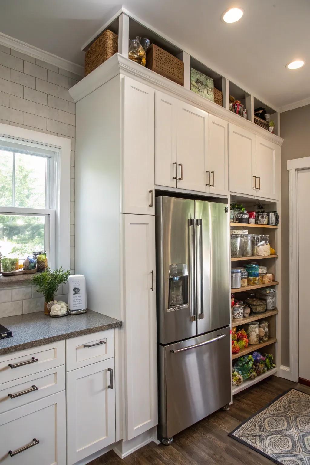 Utilize the space above the refrigerator with stylish overhead cabinets.