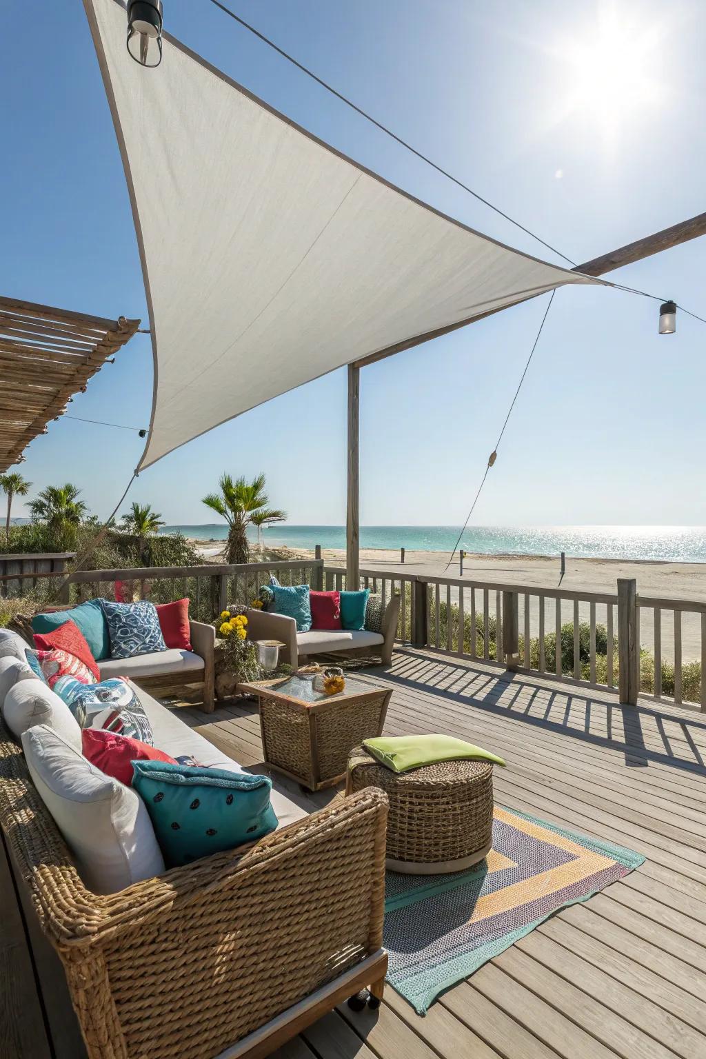 Shade sails offer a modern and airy aesthetic to your deck.