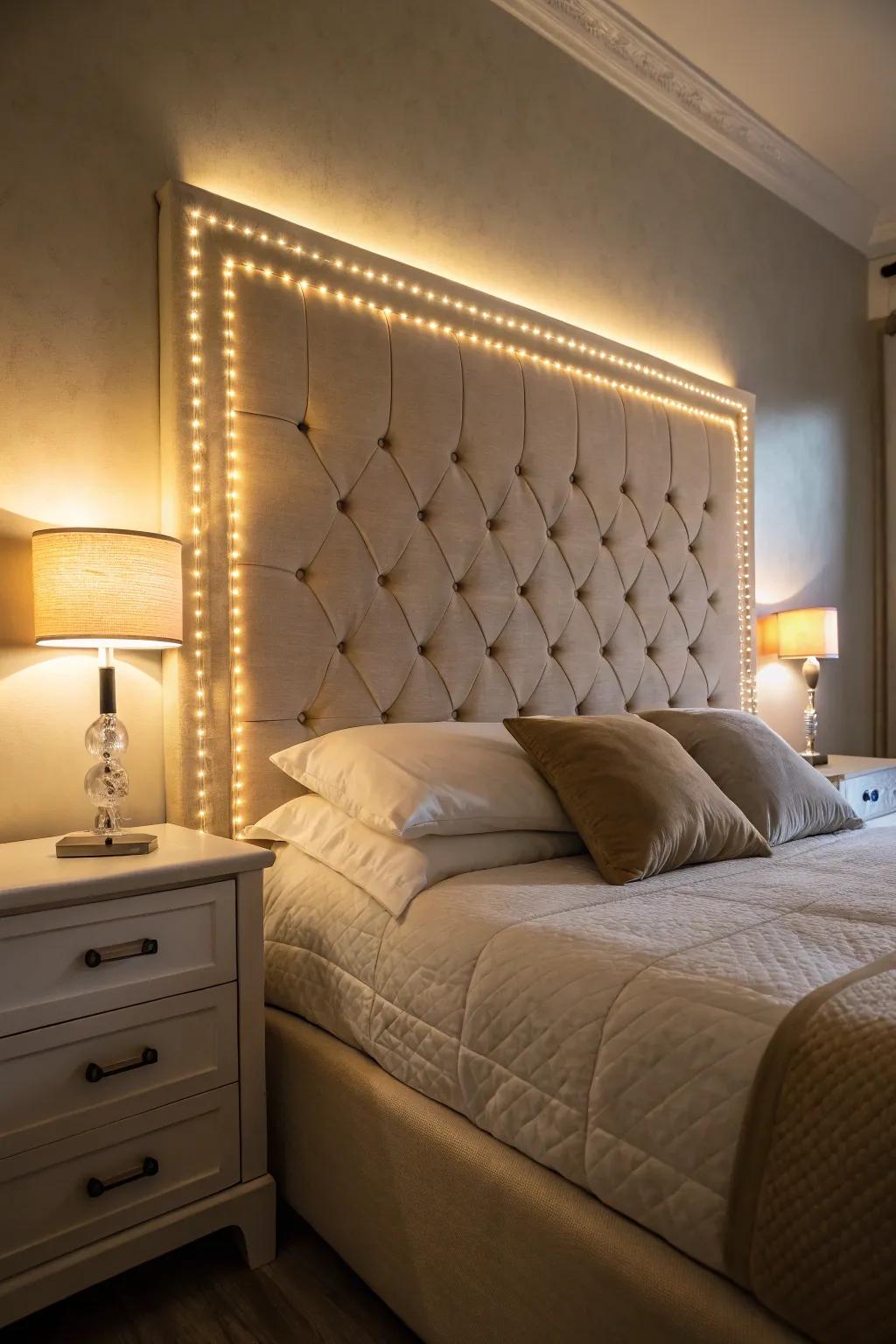 A backlit headboard adds sophistication and warmth.