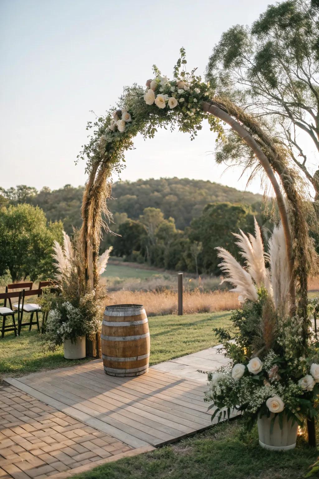 A rustic round wedding arch with pampas grass and twigs.