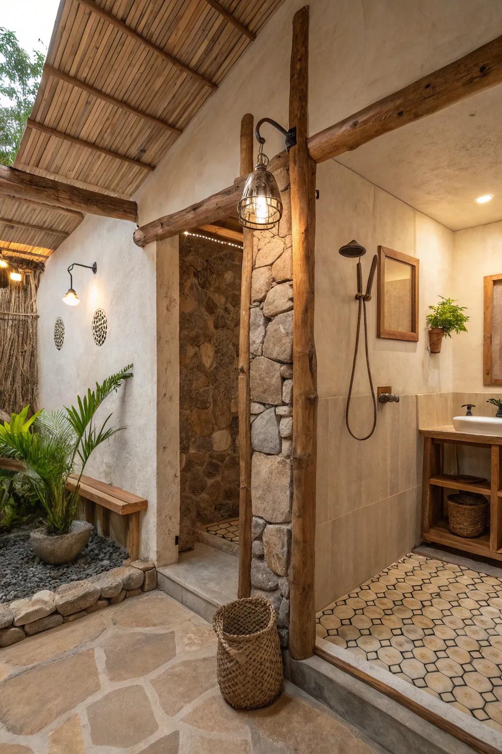 A shower design showcasing neutral and earthy tones, creating a calm and tranquil setting.