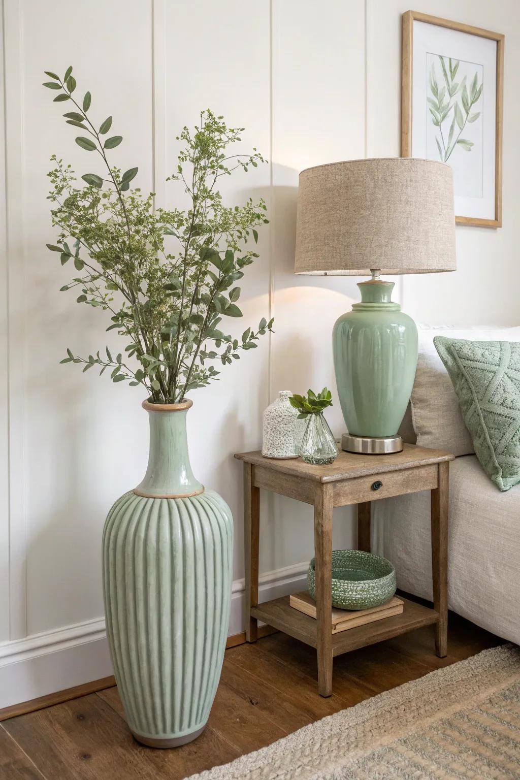 A minimalist space with carefully chosen sage green accents.