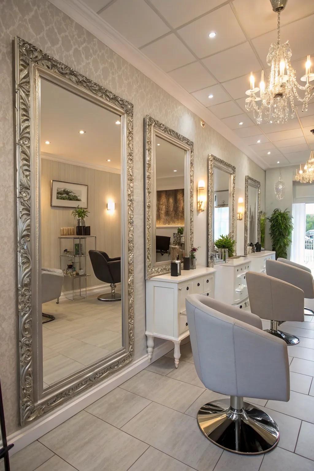 Full-length mirrors that elevate the salon's ambiance.