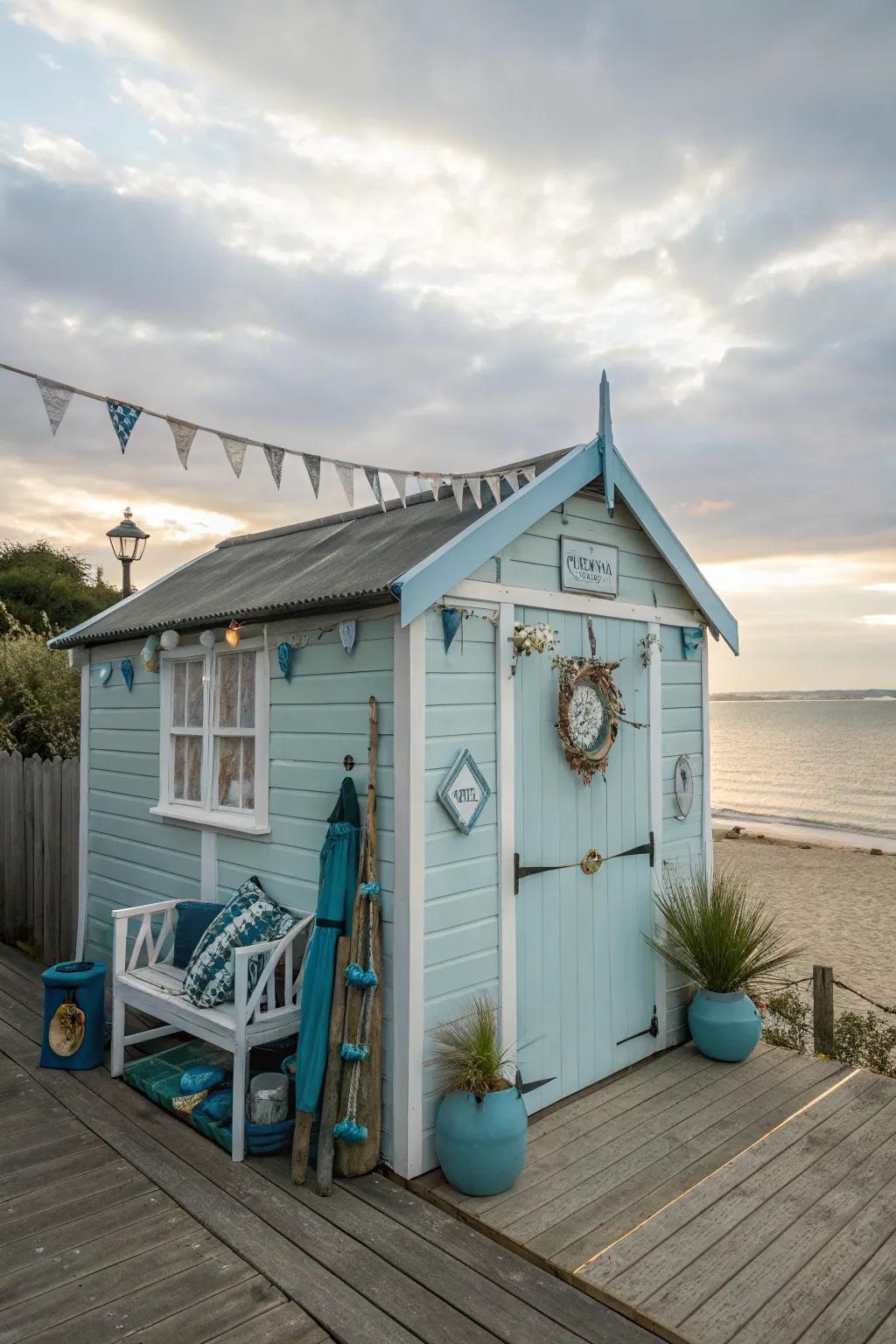 Create a coastal retreat with light colors and breezy decor for a beachside vibe in your she shed.