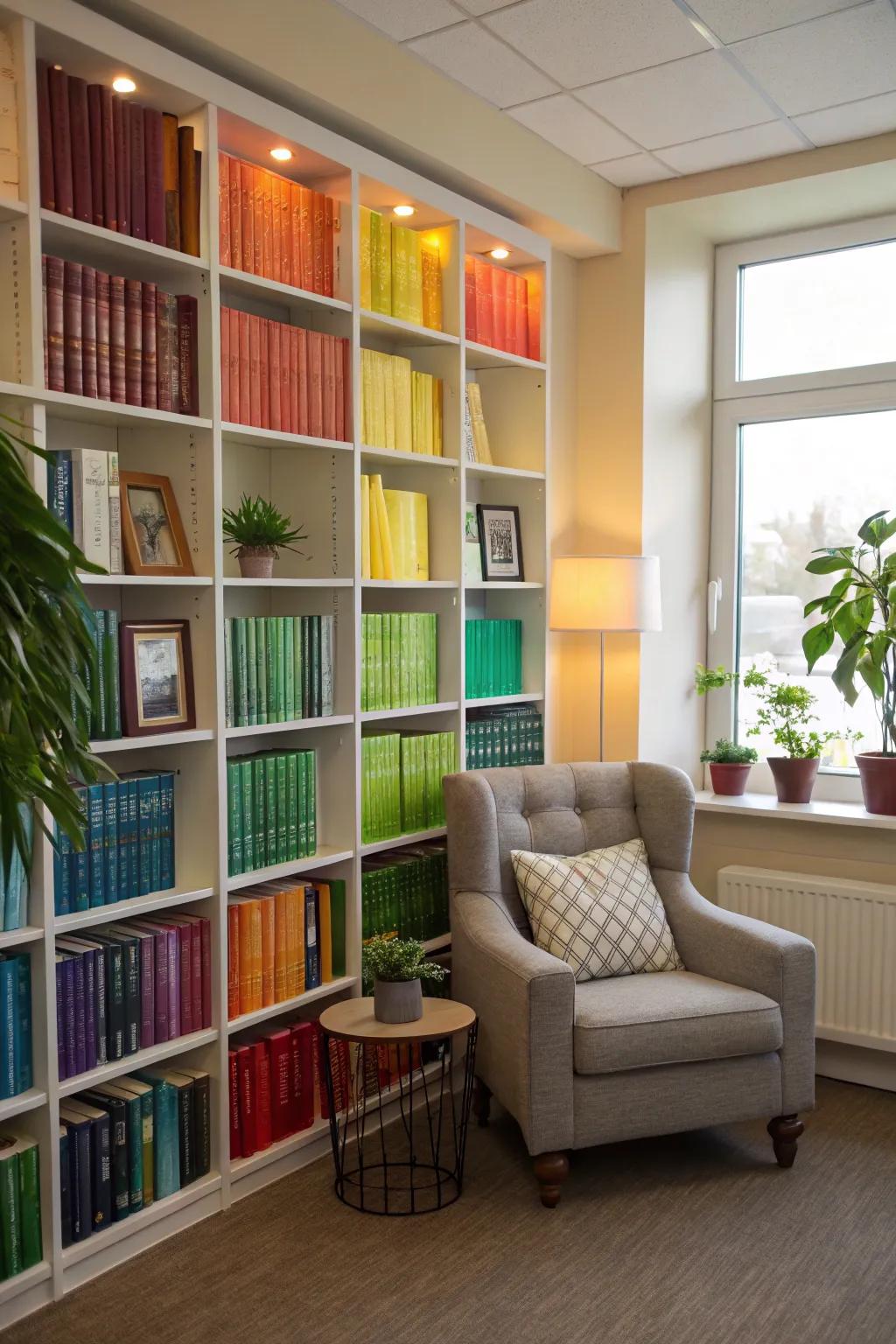 Bookshelves arranged by color creating a rainbow pattern.