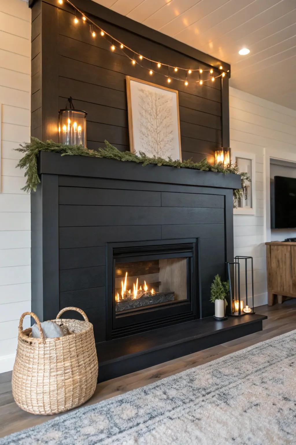 Bold black shiplap fireplace making a modern statement.