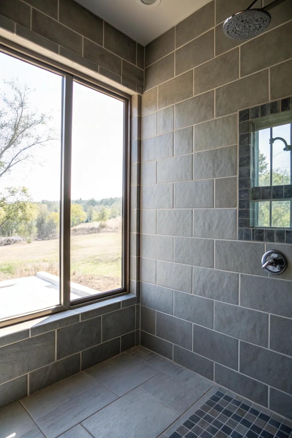 Natural light enhancing grey tiles in a shower.