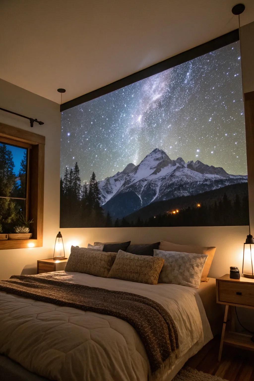 Mountain-themed silhouette art offers a feeling of immensity to a bedroom.