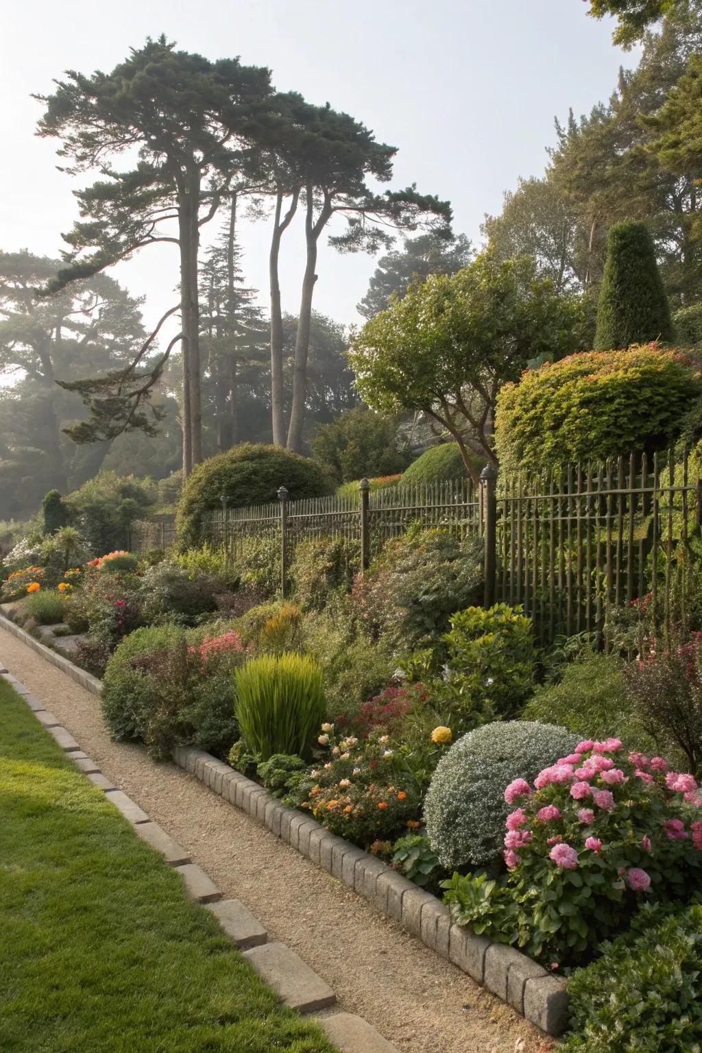 Layered plantings impart depth and dimension to simple fence boundaries.