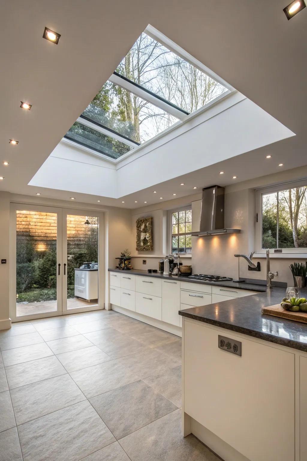 A modern kitchen presenting a skylight illuminated with integrated lighting.