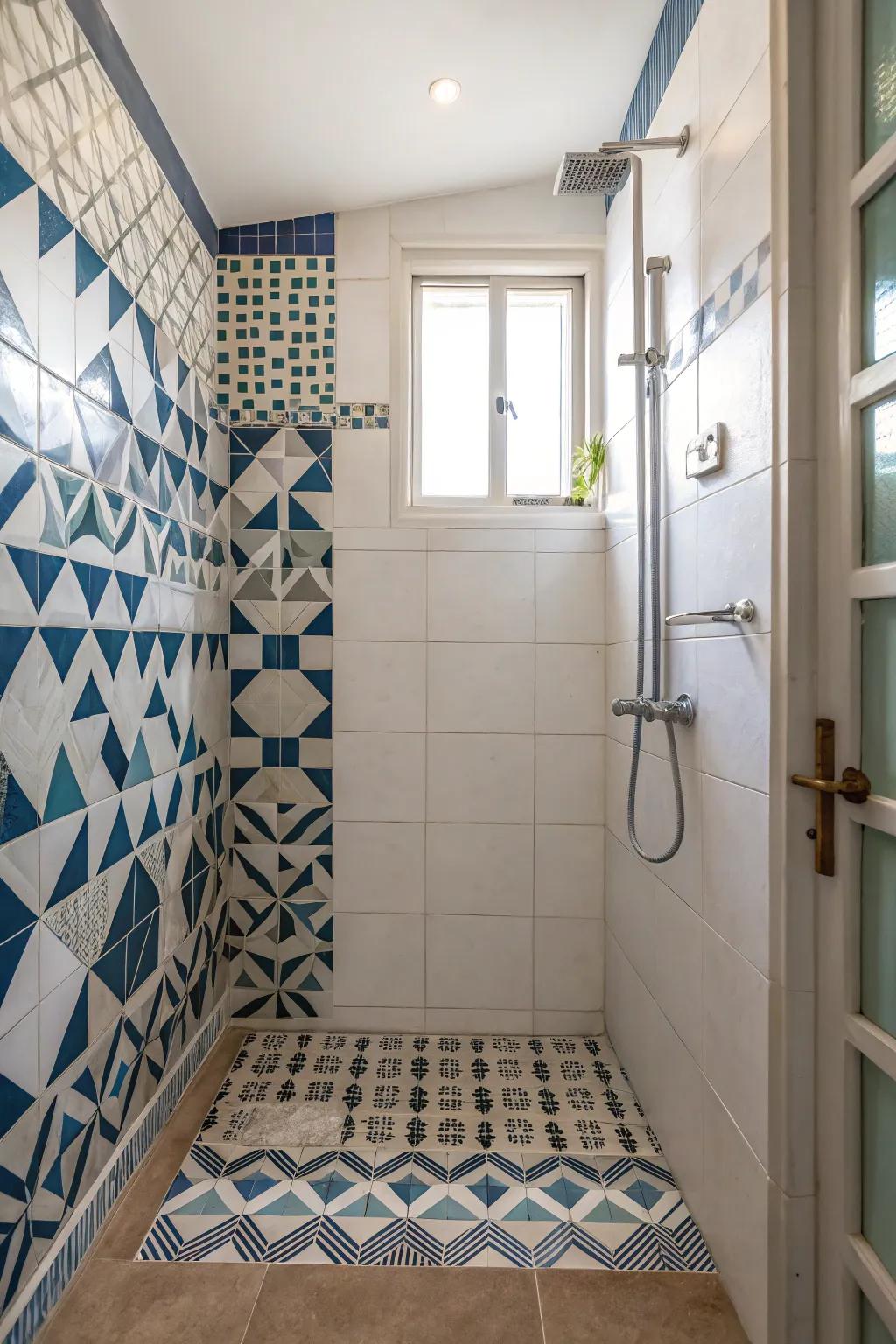 Geometric patterns add a modern twist to small showers.