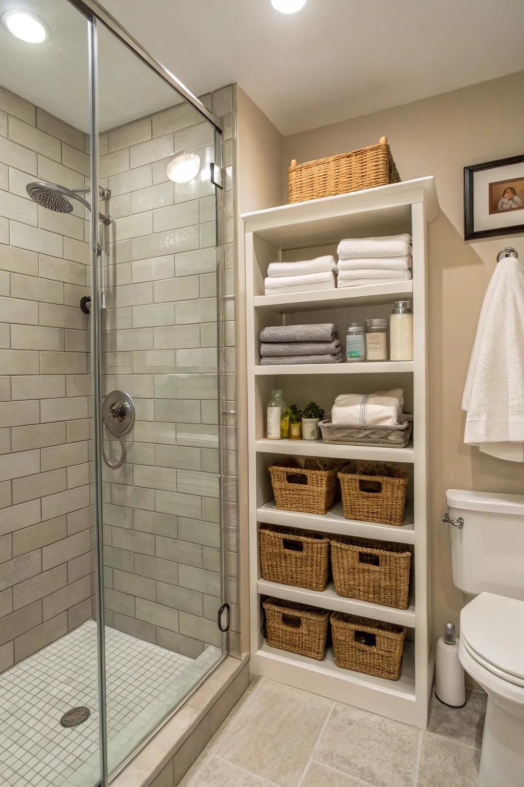 In-wall shelves present useful storage options in small showers.
