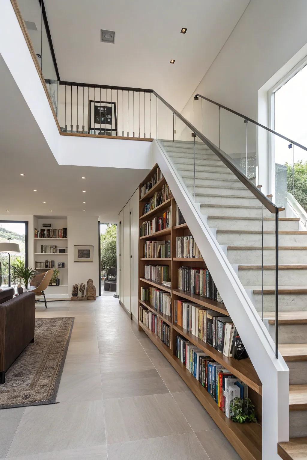 Under-stairs libraries make clever use of space.