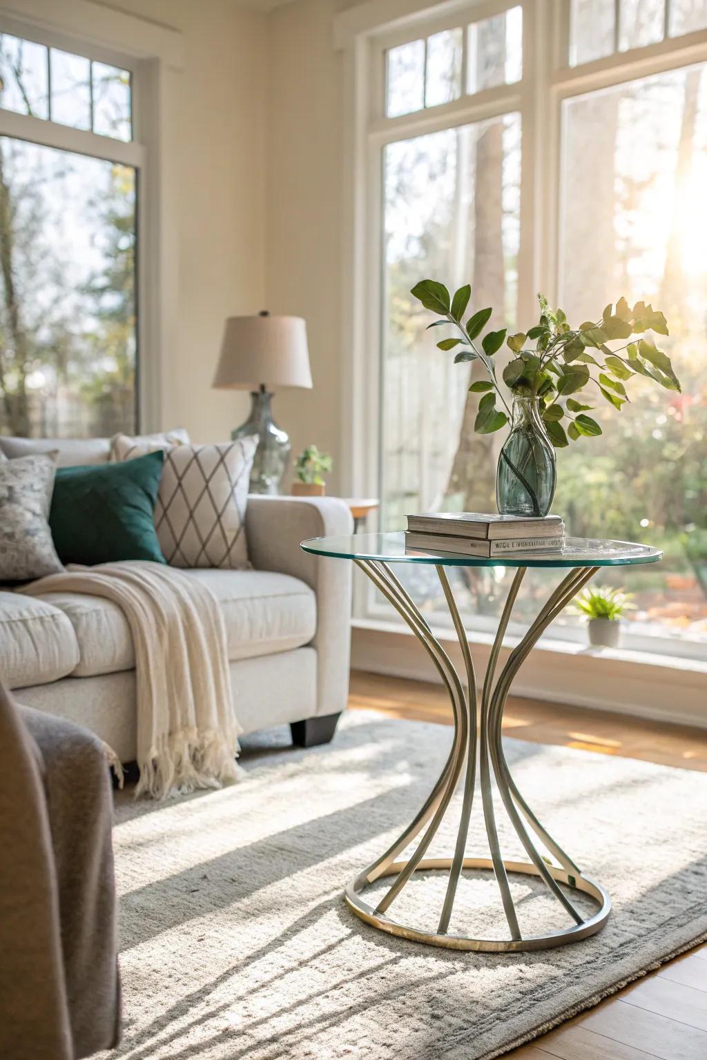 A glass end table enhances the airy feel of a living room.