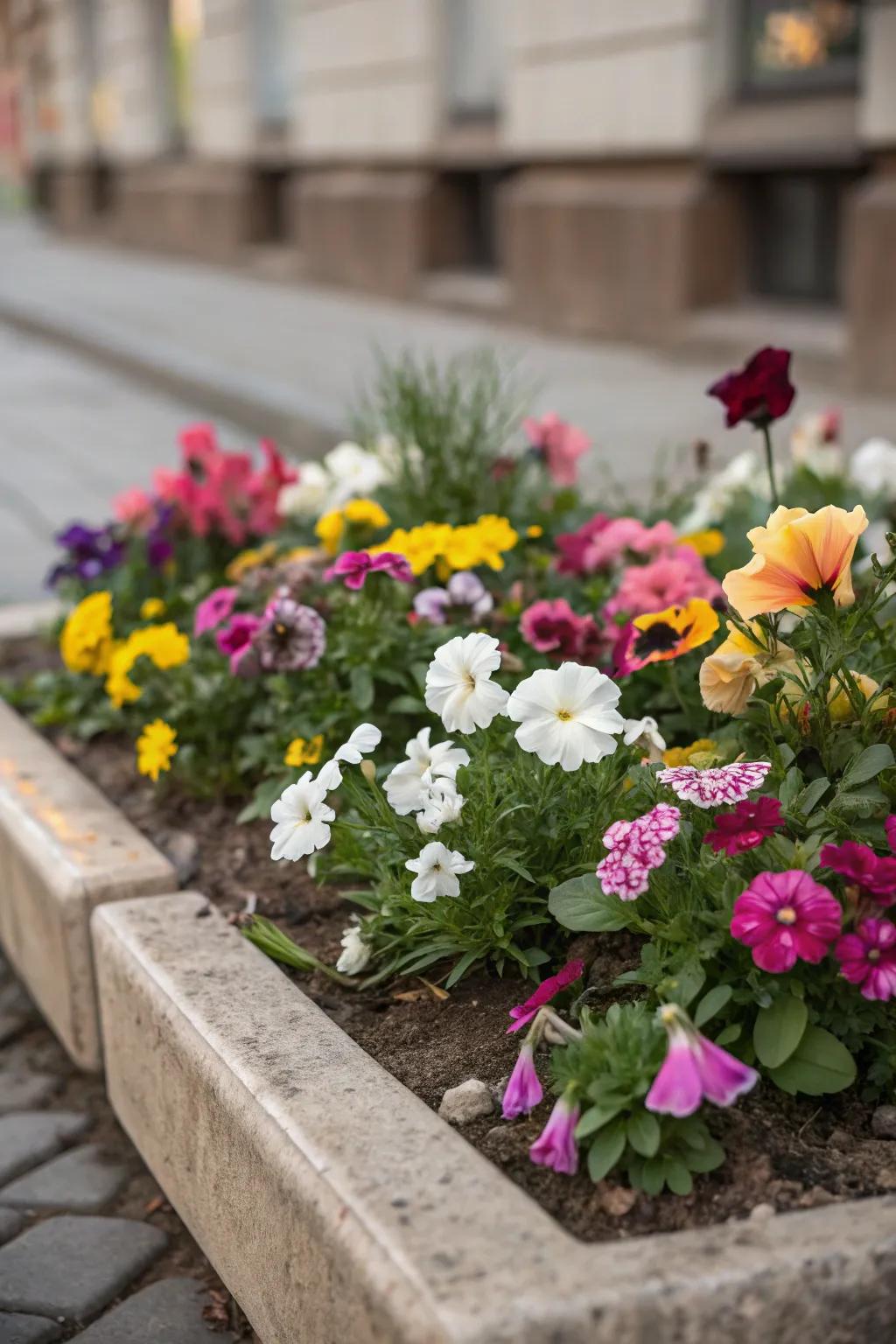 A small flower bed bursting with a harmonious mix of vibrant and subtle colors.