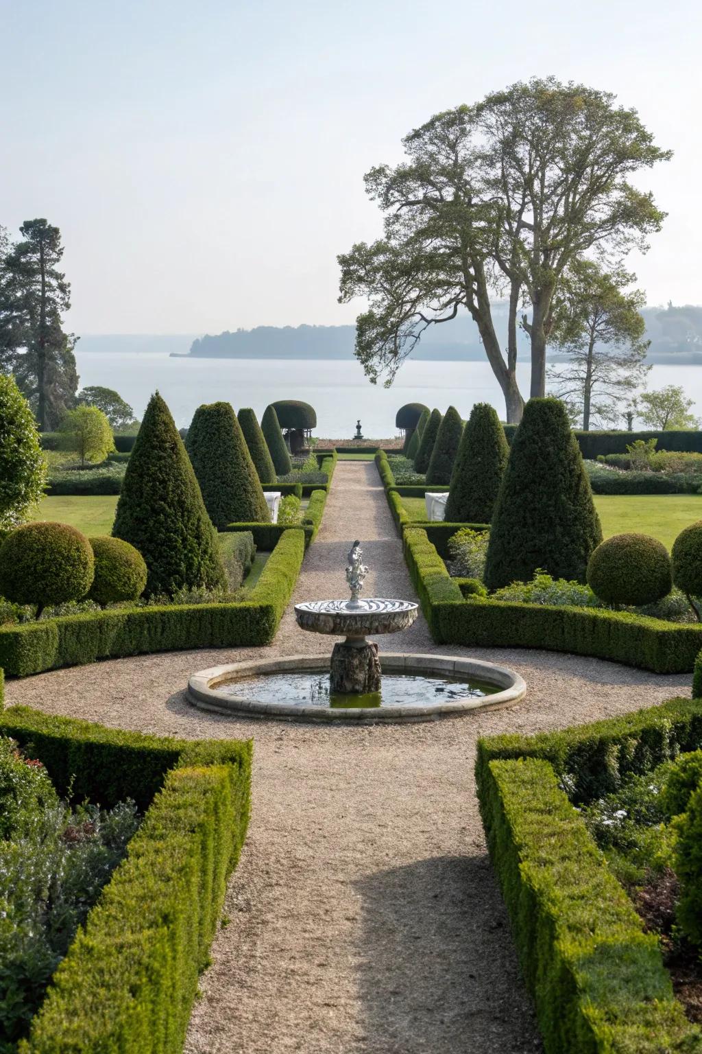 Box-shaped hedges setting a formal garden scene.