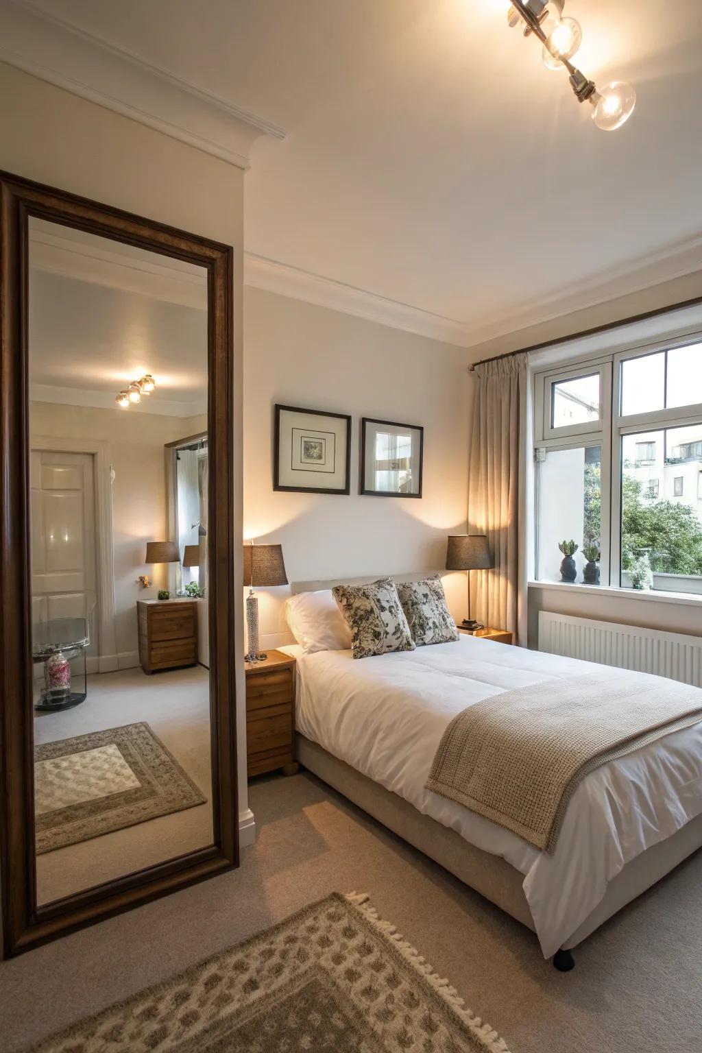 Reflective surfaces augment light, enabling a compact master bedroom to visually expand.