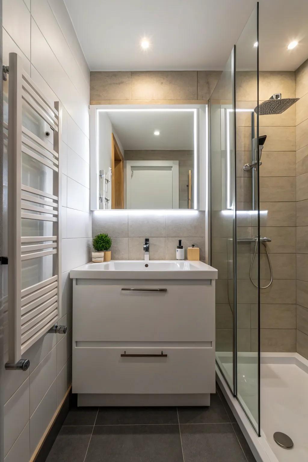 LED lighting enhances the modern design of this bathroom.