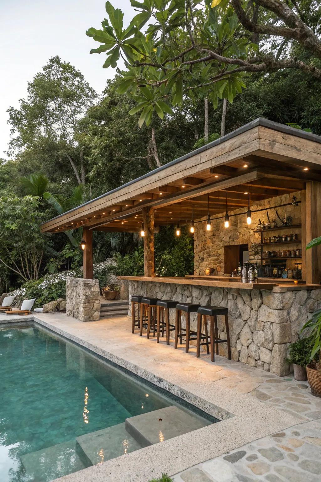 Natural materials like stone and wood bring a touch of rustic elegance to poolside bars.