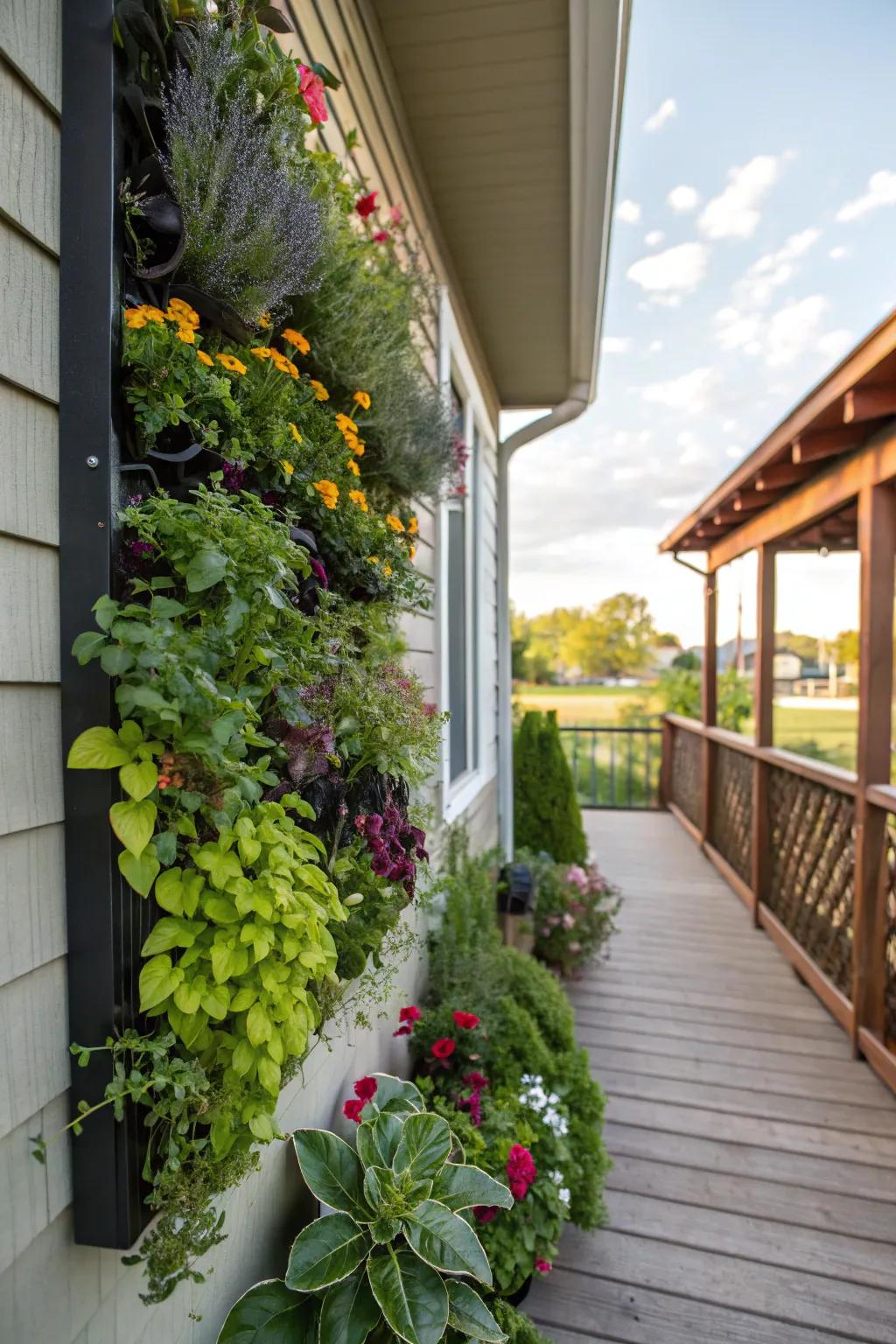 A vertical garden brings life and color to your small porch.