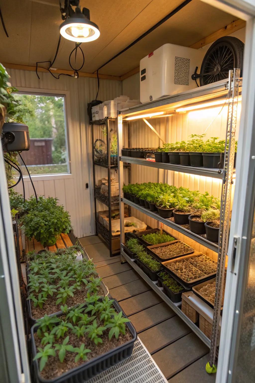 A vibrant mini greenhouse inside a small shed.