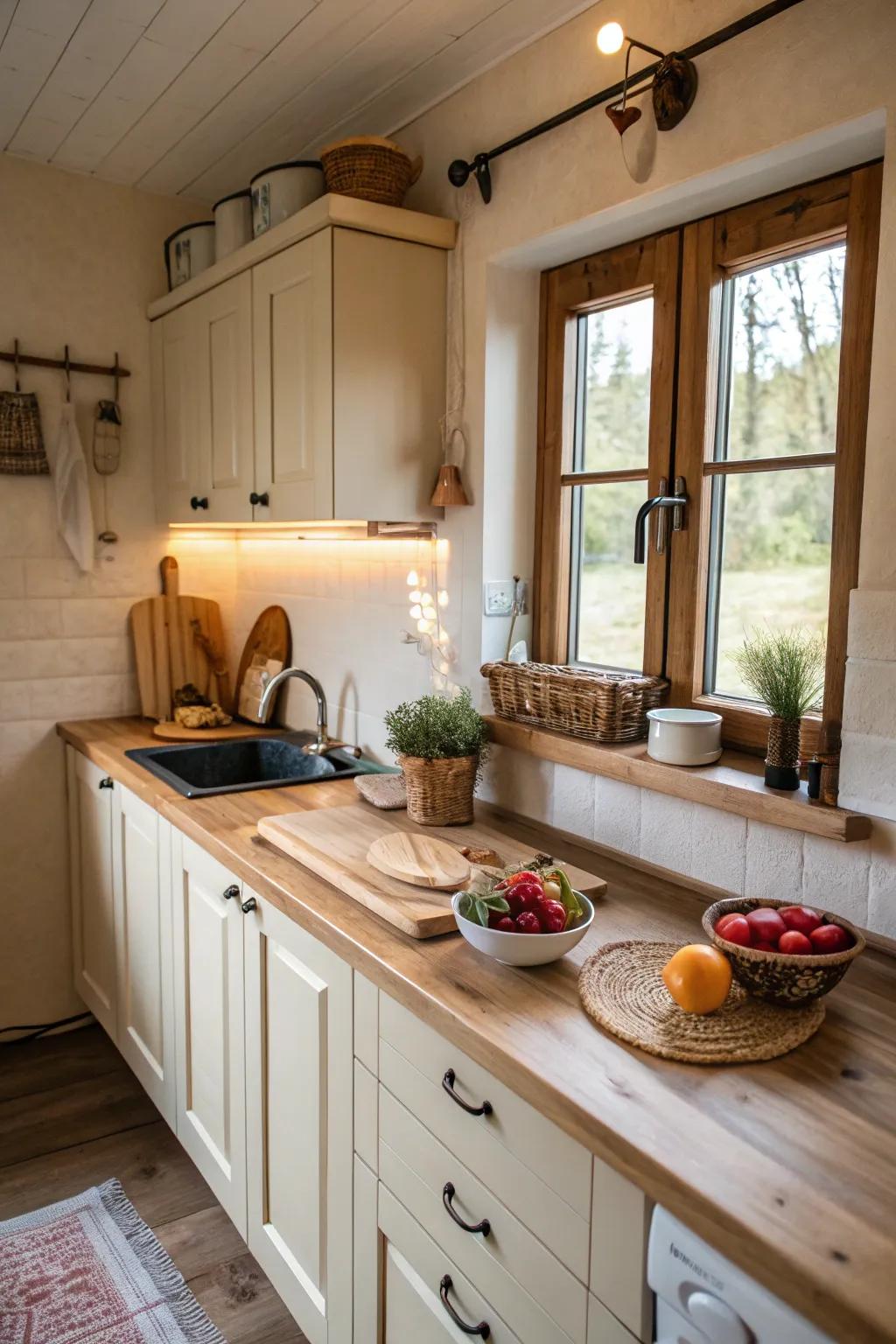 Wooden countertops add warmth to a small kitchen space.