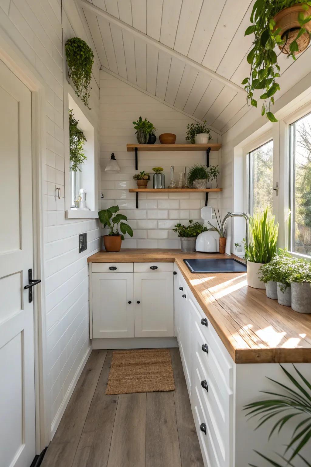 Natural elements bring warmth to a white kitchen.