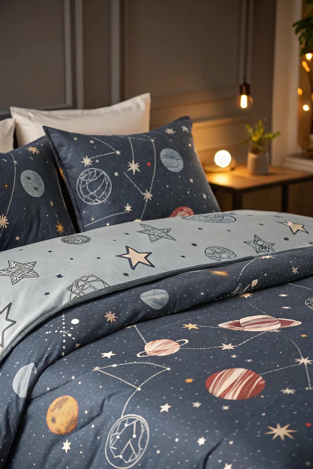 Celestial bedding blends comfort with cosmic style.