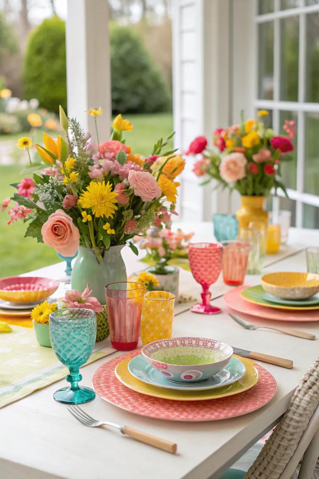 A spring-themed tablescape full of vibrant and inviting elements.