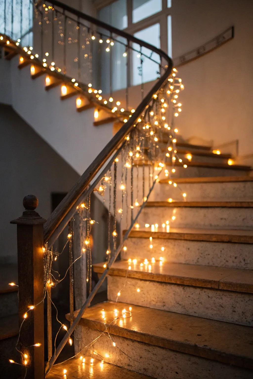 A staircase glowing with twinkling fairy lights.