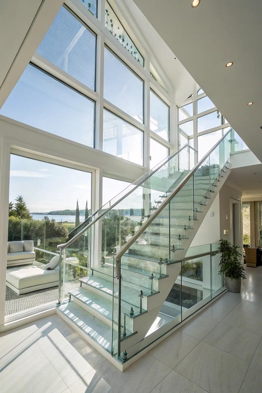 Glass siding allows more light to flow through this elegant staircase.