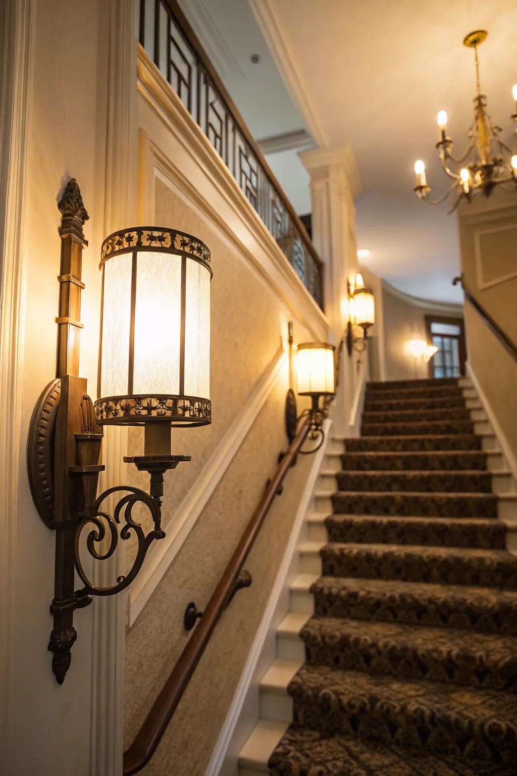 Wall sconces add warmth and style to the stairway.