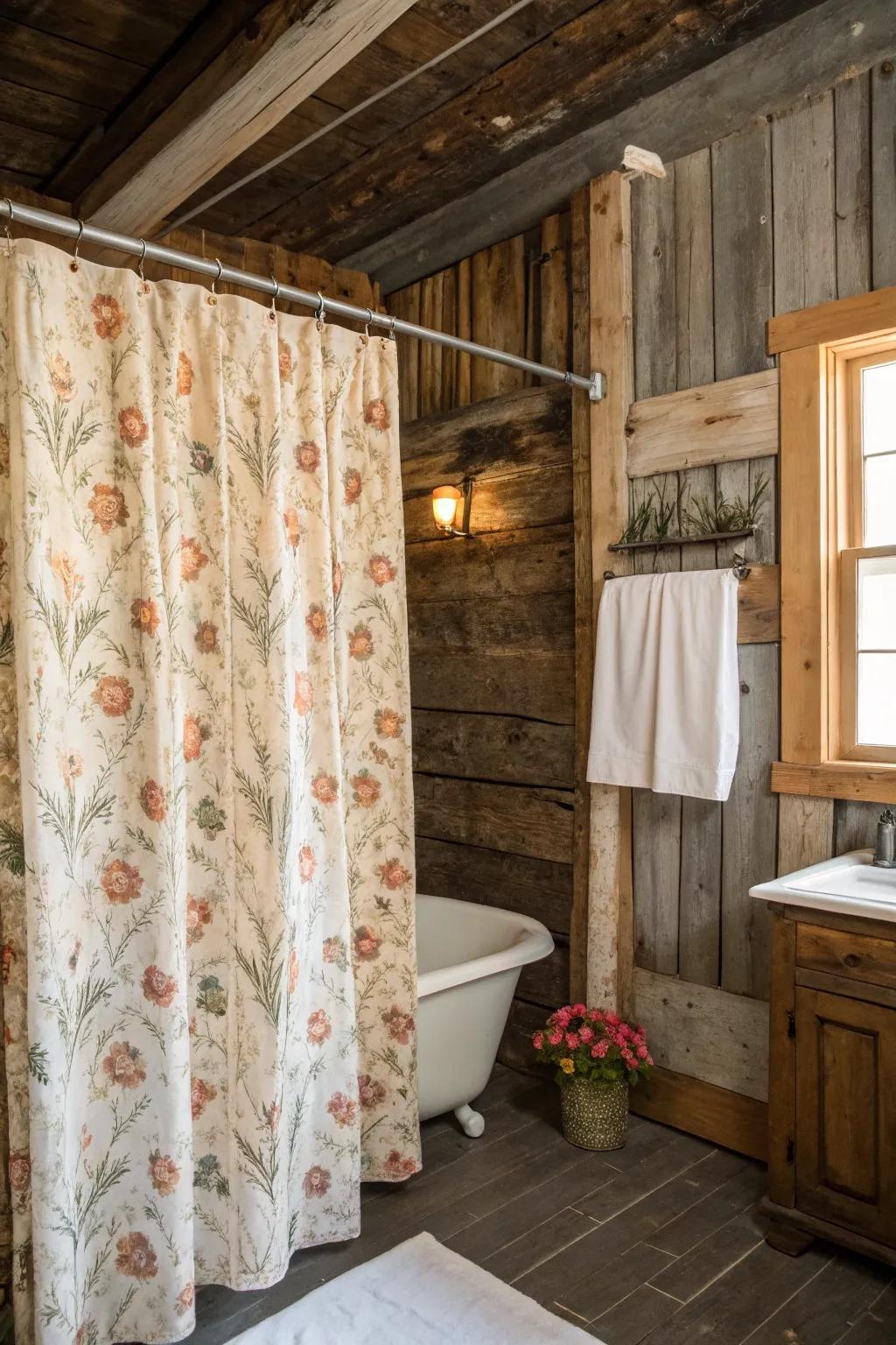 Vintage shower curtains add a rustic charm to your bathroom.