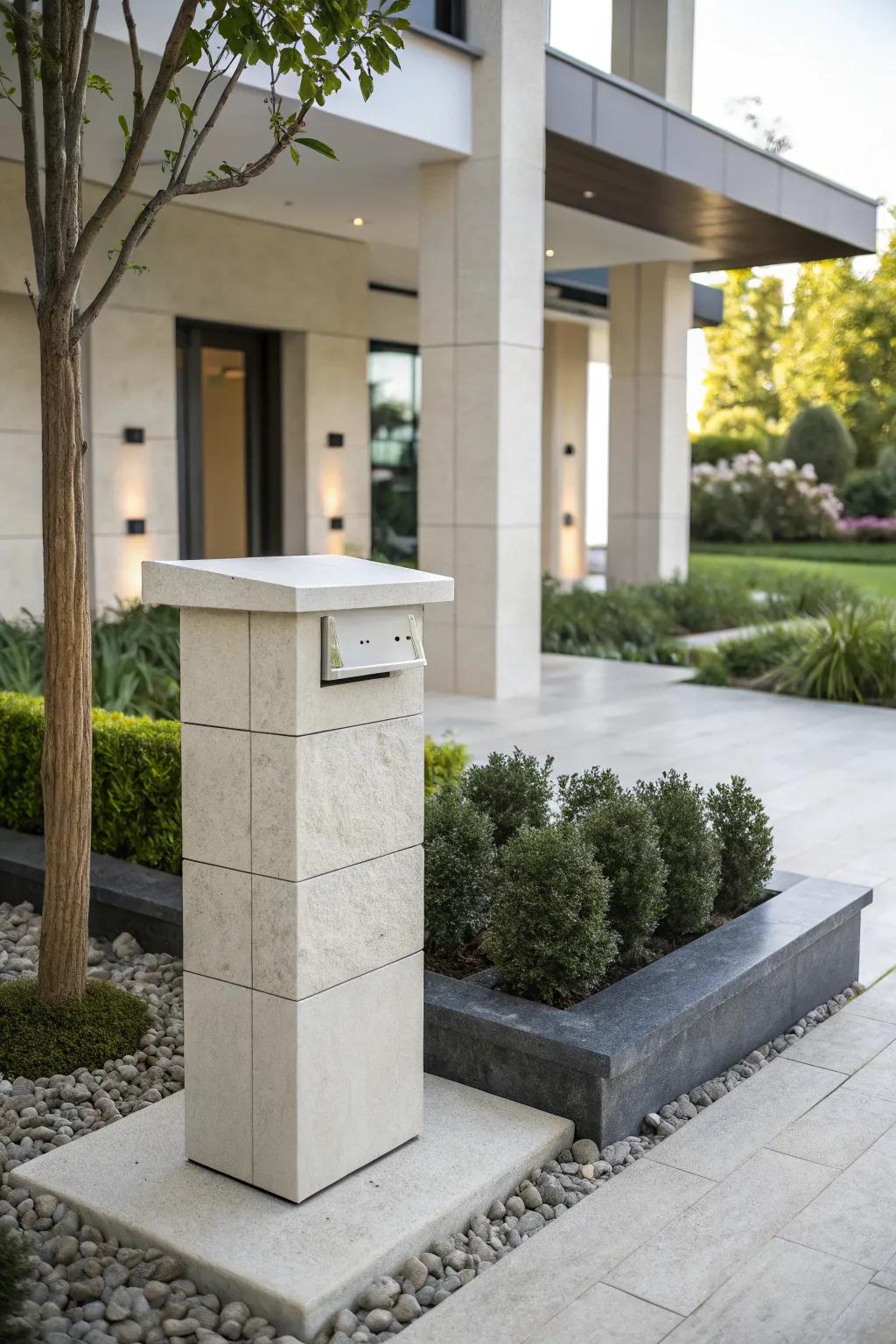 A modern stone mailbox offers clean lines and understated elegance.