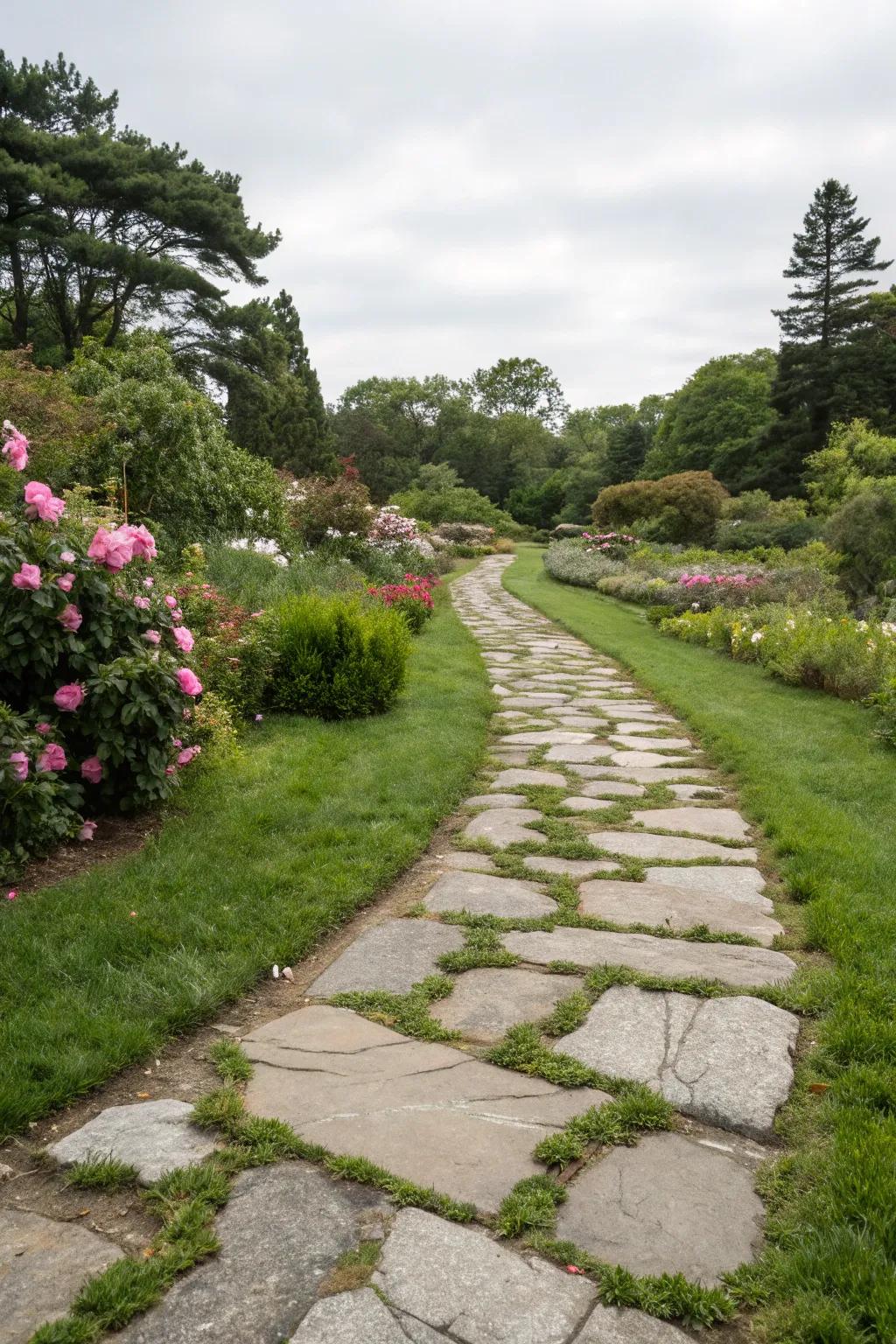 Grass between stones creates a harmonious blend of nature and design.