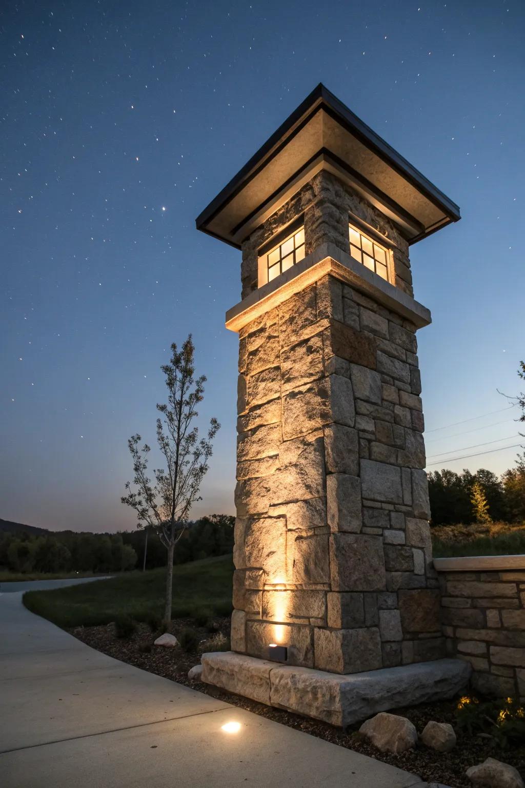 A beautifully lit stone mailbox pillar enhancing evening charm.