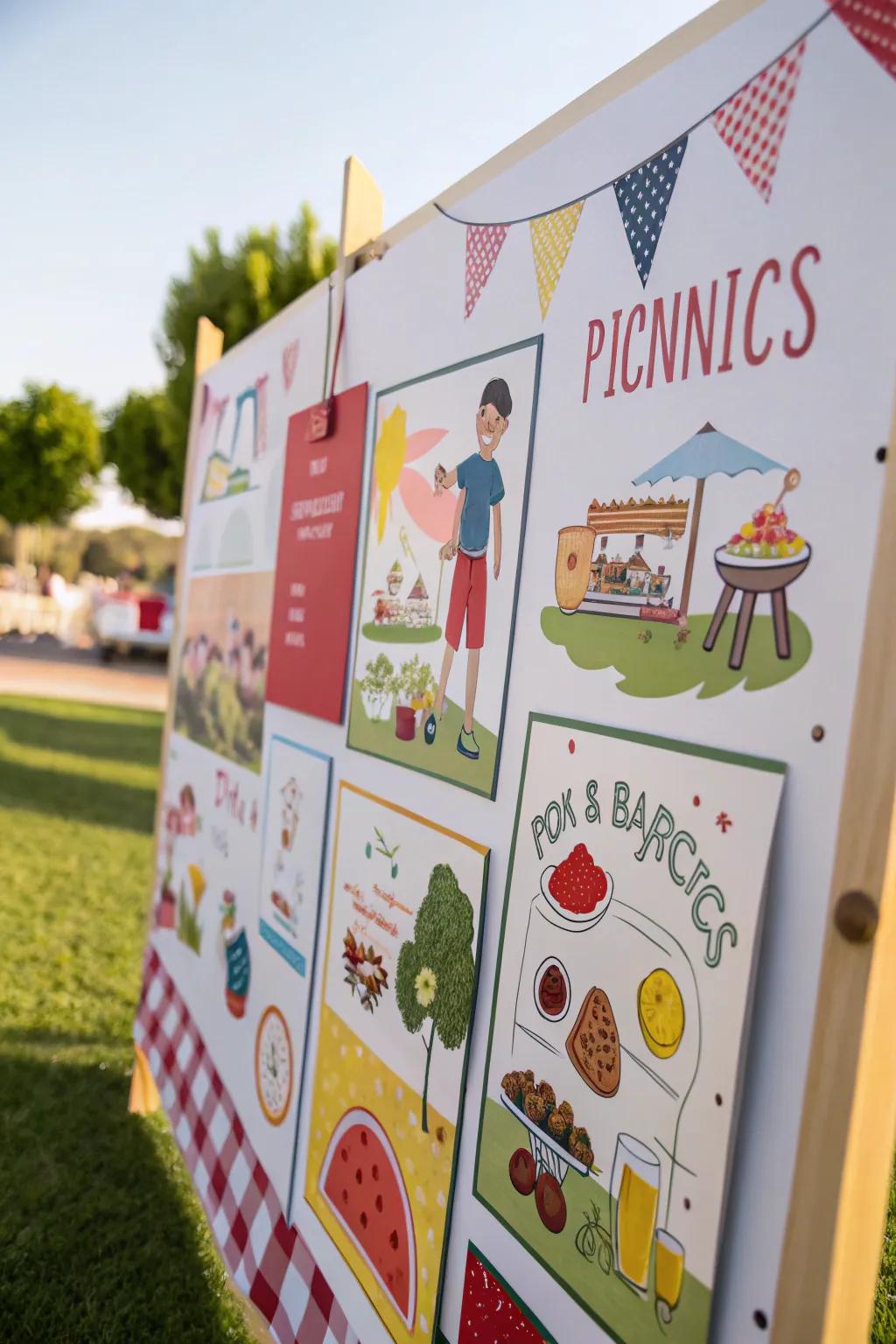 A board presenting clip-outs symbolizing summertime pastimes such as open-air meals and BBQ cookouts.