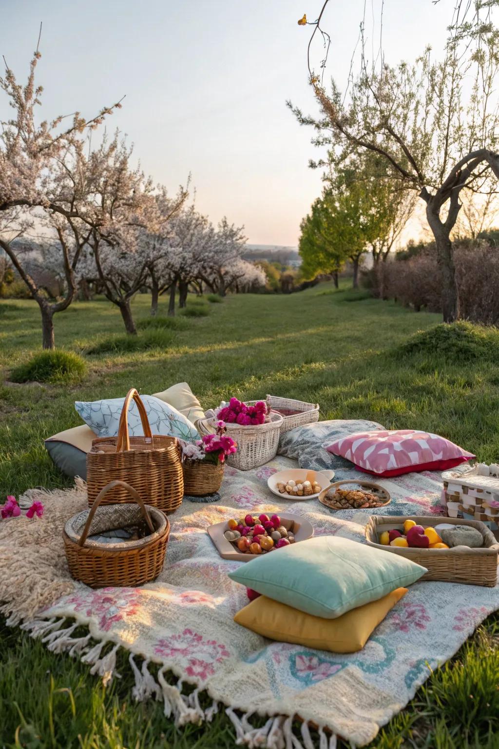 A cozy picnic setup with blankets and cushions.