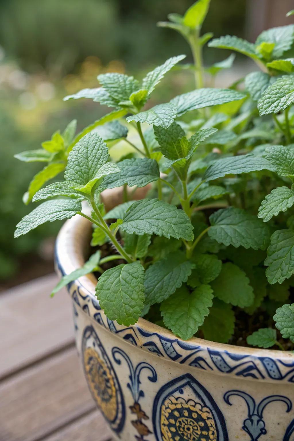 Lemon balm flourishing within a charming container, prepared to infuse your tea with a burst of citrus zest.
