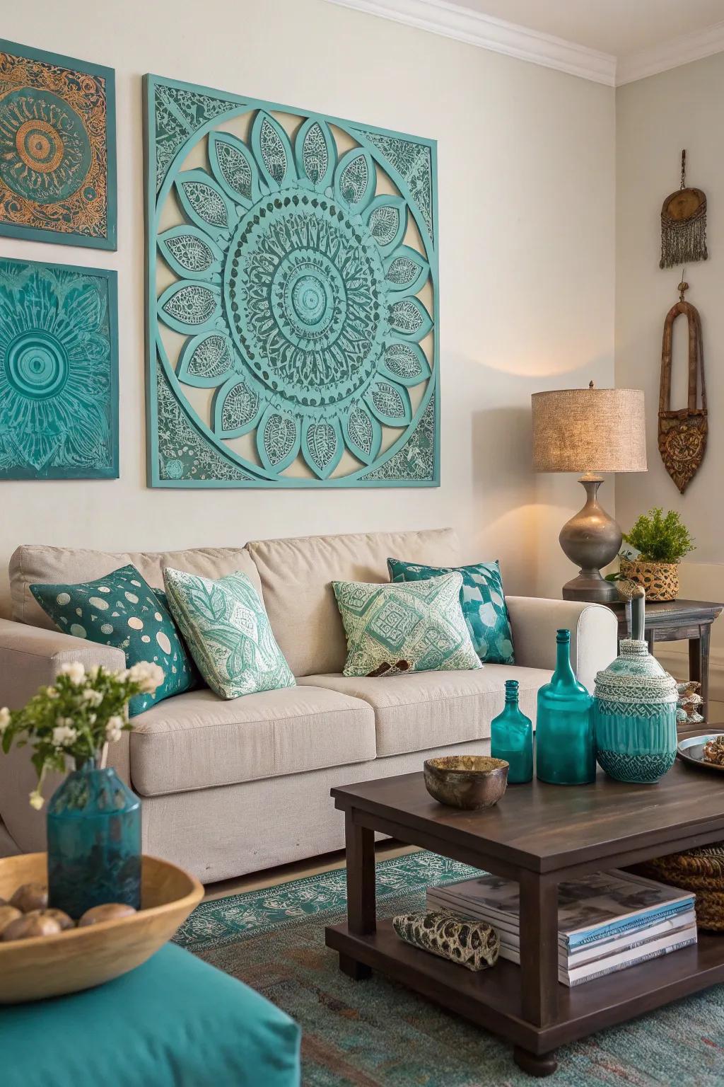 Teal and turquoise wall art brings the room’s color scheme to life.