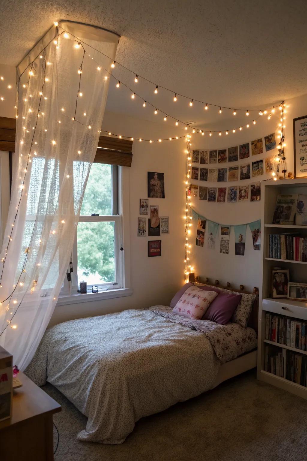 String lights add a magical ambiance to this cozy teen girl bedroom.