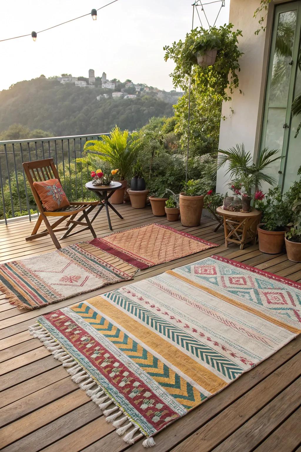 Outdoor rugs bring color and comfort to your terrace space.