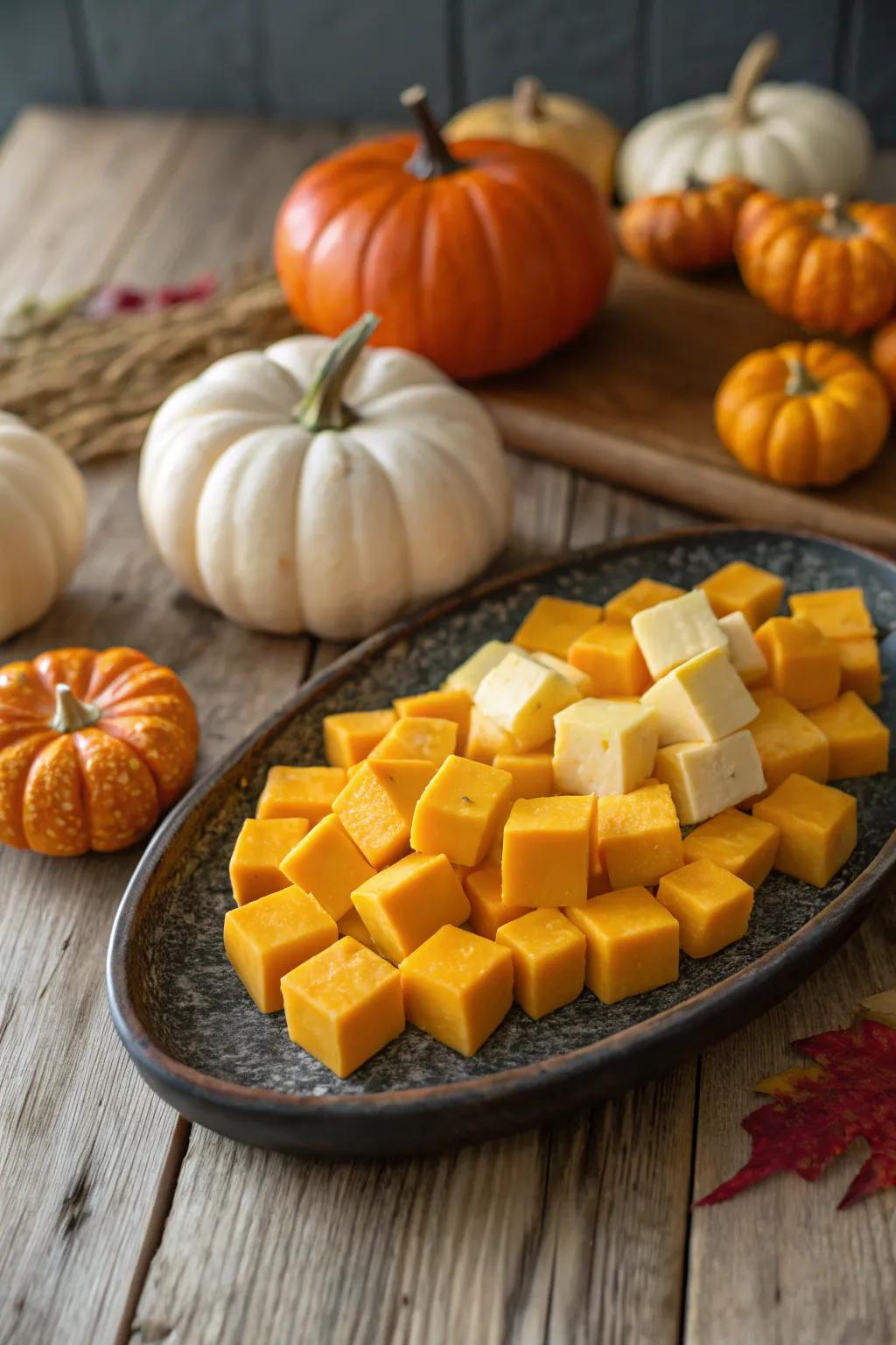 A delightful cheese and pumpkin platter capturing fall hues.