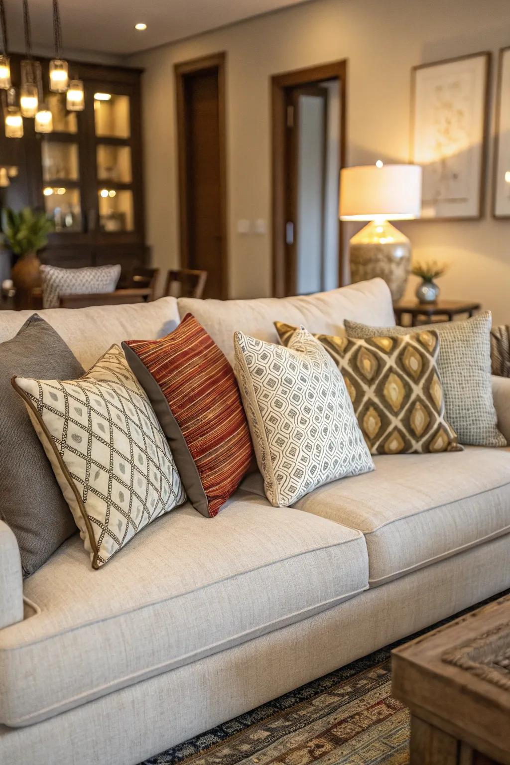 A stylish mix of symmetrical and asymmetrical pillow arrangements on a modern sofa.