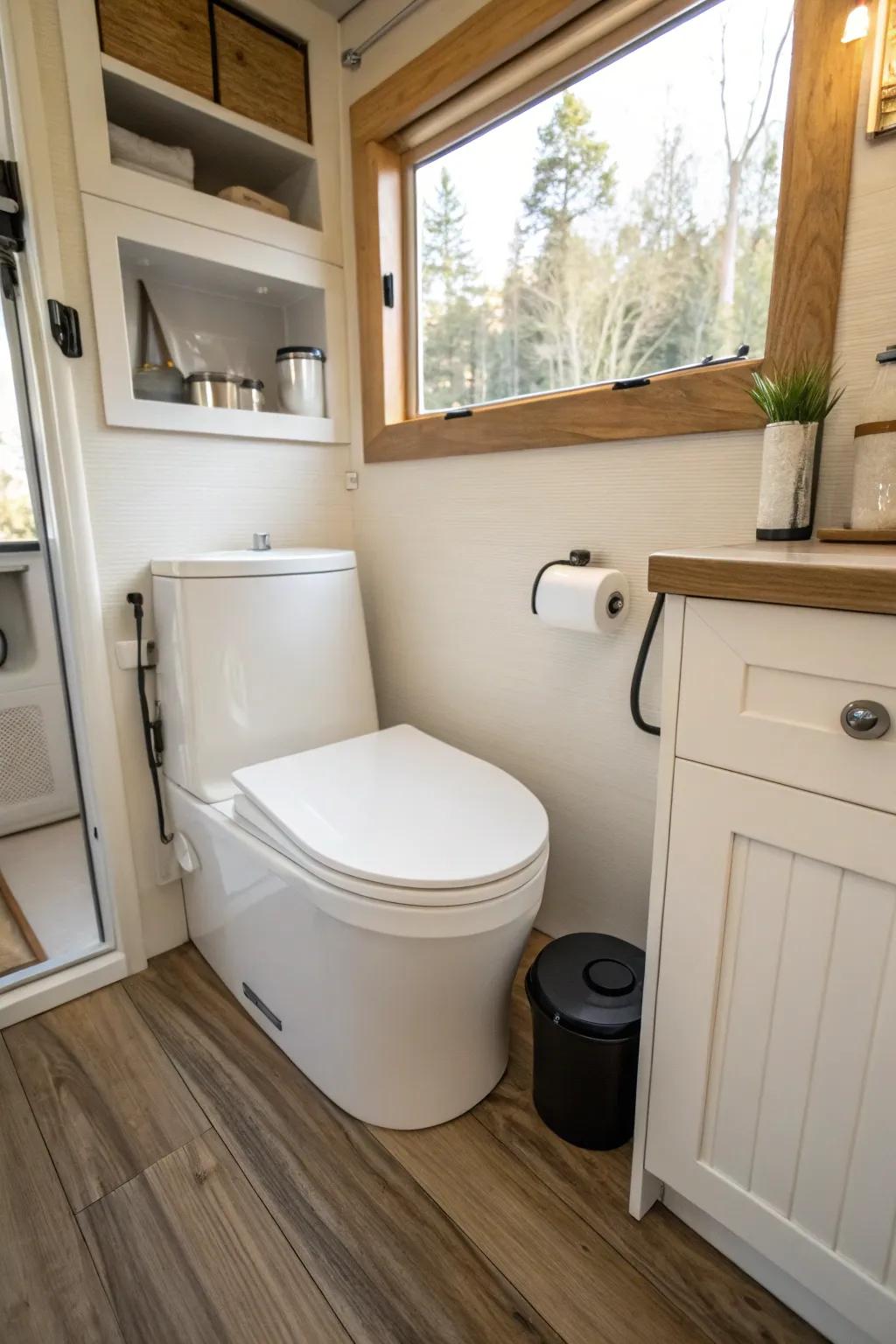 Convenient dry flush toilet in a sleek, modern bathroom