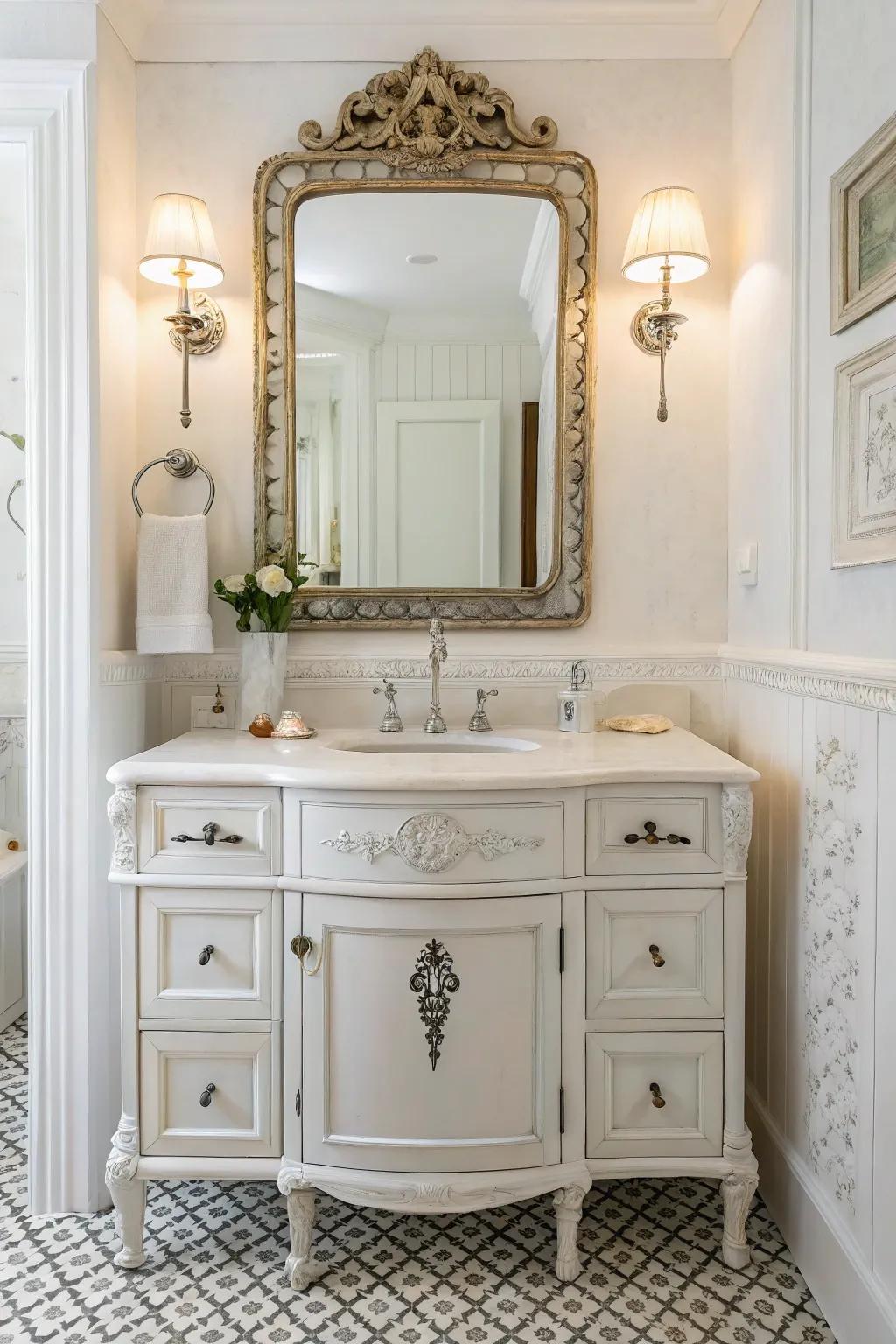 A white bathroom featuring charming vintage fixtures and an antique vanity.