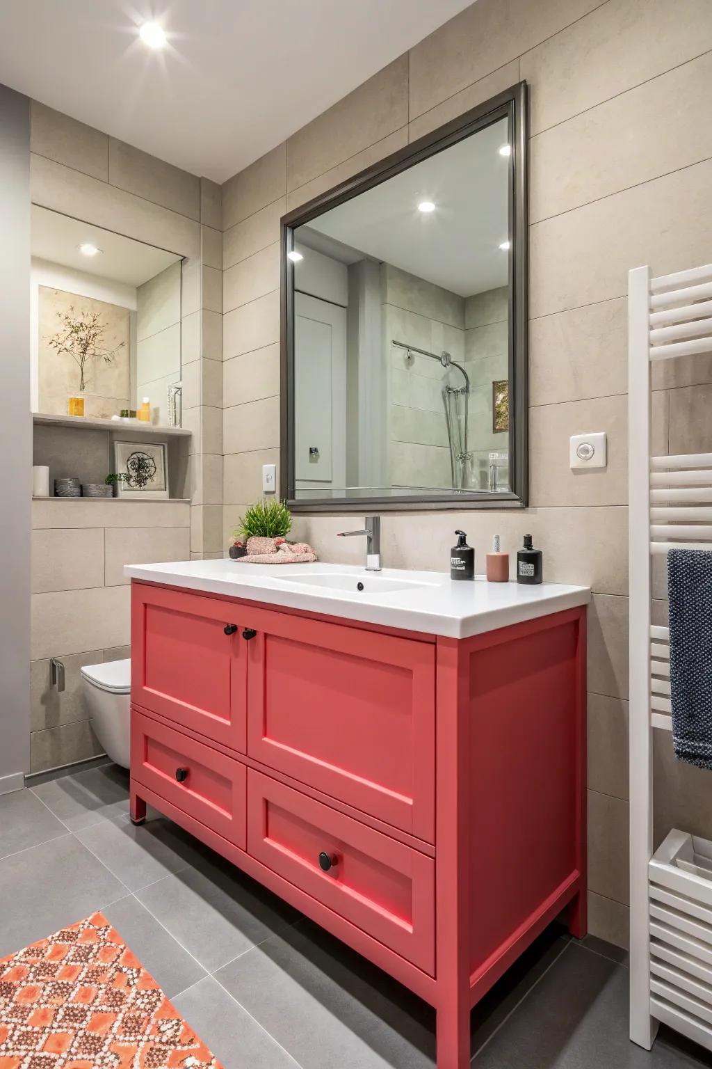 A modern bathroom with a vibrant vanity color creating a striking statement.
